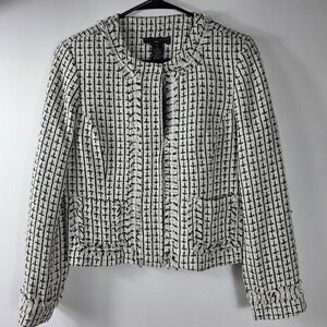 Apostrophe Petite‎ Black White Tweed Fringe Collarless Zip Jacket 8P